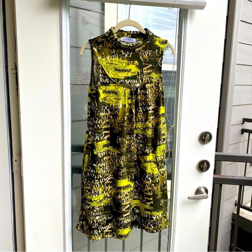 AZIZA Damask Cowl Neck Sleeveless Pockets Sheath Career Dress Yellow, Medium